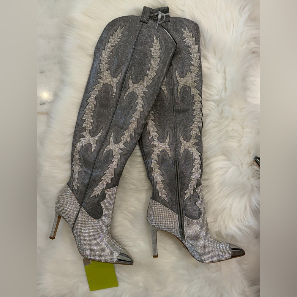 Gianni Bini Katyanna Rhinestone OTK Boots Silver NWT - Picture 7 of 9